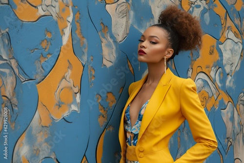 African american fashion stylish woman in trendy wear in blue and yellow colors. Generative ai