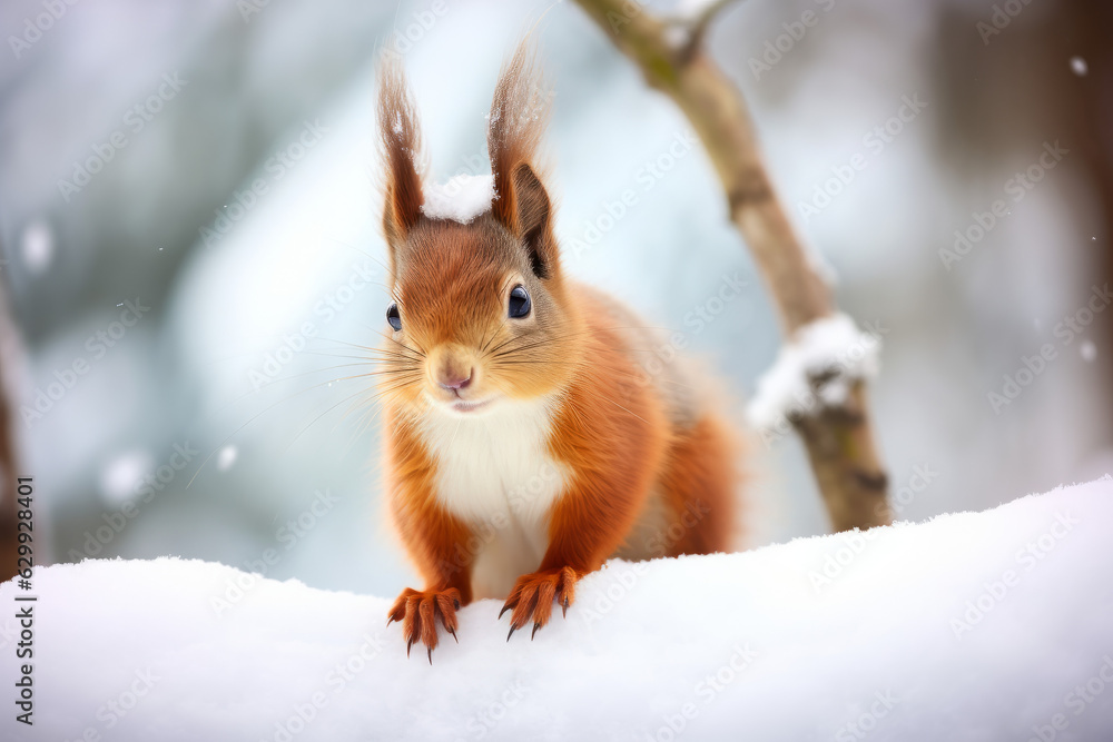 Cute red squirrel in the snow Cute red squirrel in the snow