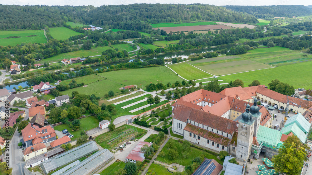 Aerial view Plankstetten with Benedictine Abbey, Plankstetten, Berching, Bavaria, Germany,