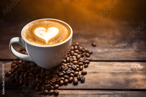 Cup of coffee latte with heart shape and coffee beans on old wooden background with morning lighting, AI Generative