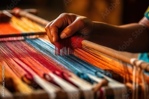 An Indian woman weaves a carpet on a loom. Hands close-up. Generative AI.