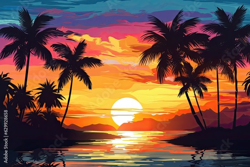 Illustration of a sunset on a tropical island.