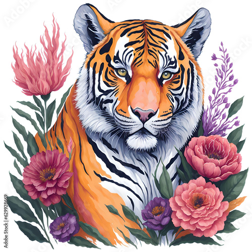 Watercolor Tiger With Flowers PNG Design, Can be used for the logo, t-shirt design, posters, banners, greetings, print design, generative ai 
