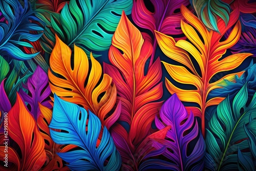 Bright multicolored tropical leaves background.