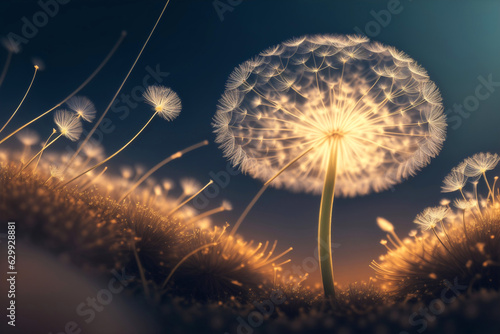 Close Up of a Dandelion With Seeds Blowing on Blurry Background in the Sunset. Natural Spring and Summer Fresh Morning Illustration for Banner, Poster or Card. Ai Generated.