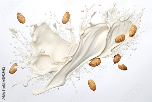 Splash in the air of almond milk and almond nuts on a white background.