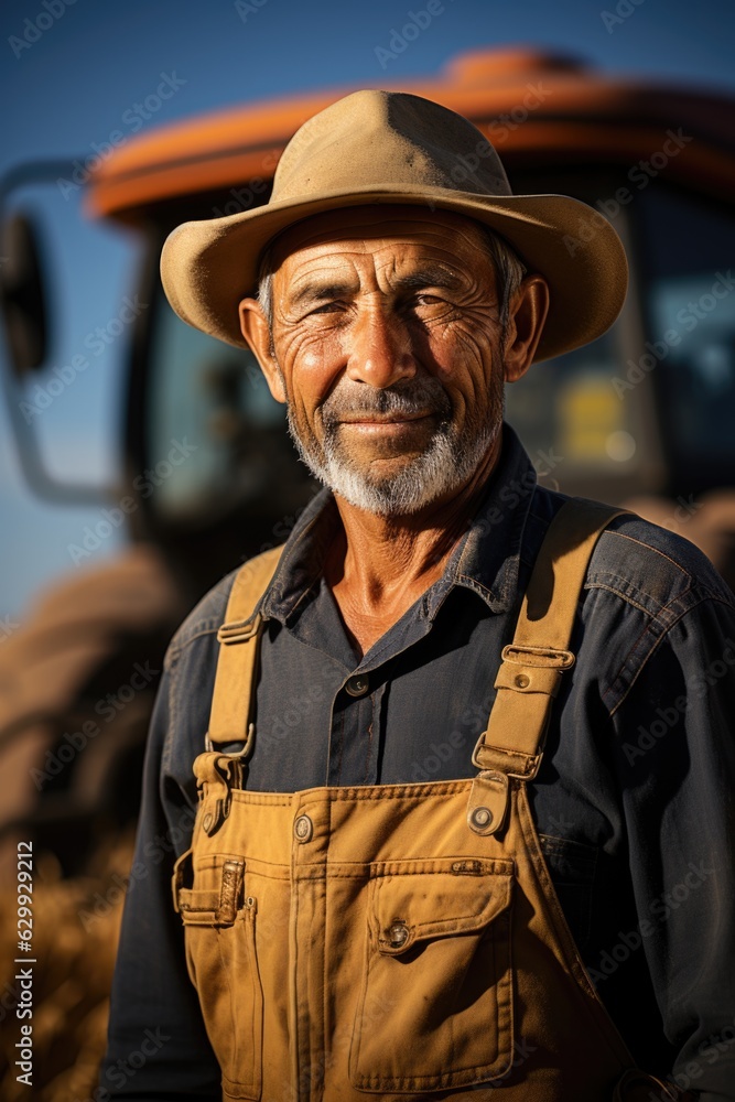 A man wearing a hat standing in front of a tractor. Portrait of a farmer.
