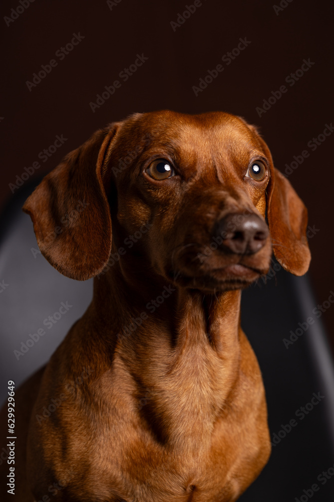 Brown dachshund portrait on dark background. Brown dachshund portrait on dark background.