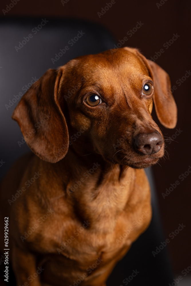 Brown dachshund portrait on dark background.