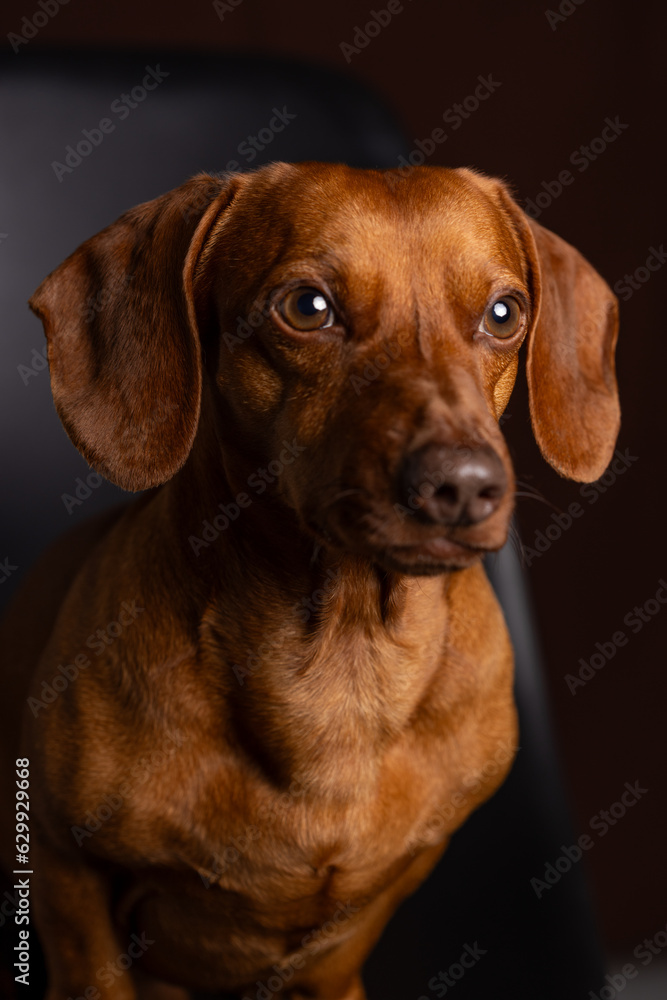 Brown dachshund portrait on dark background.
