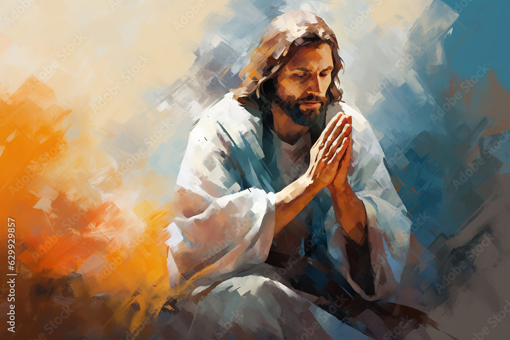 Jesus Christ praying out to God religious art. Generative AI painting ...