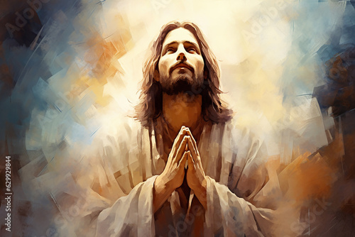 Jesus Christ praying out to God religious art. Generative AI painting