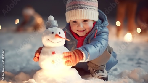 On a cold winter day, a little boy is playing in the snow, building a snowman photo