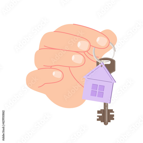 Key with a keychain house in hand. Proposal of the purchase of a house, lease of real estate. Gift, offer, demonstration, handing over the keys to the house, landlord-dealer. Vector flat illustration.