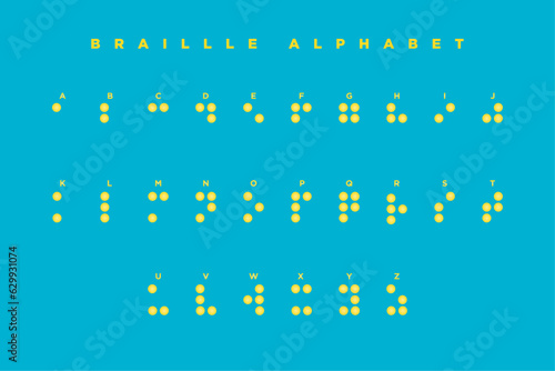 Blue and Yellow Braille English Alphabet. ABC guide for blind and visually impaired people. Braille Letters as Dots. Vector Illustration. EPS 10.