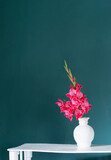 pink gladiolus in white vase on background green wall