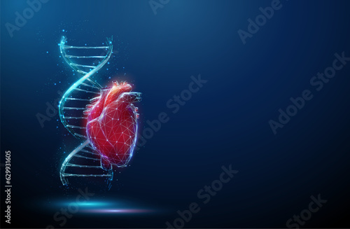 Fotografia Blue DNA molecule helix with red human heart