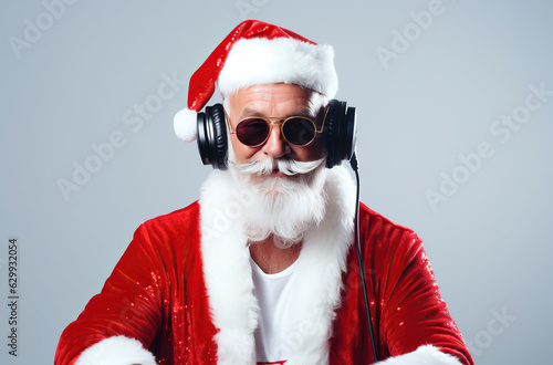 cool Santa Claus with sunglasses and headphones