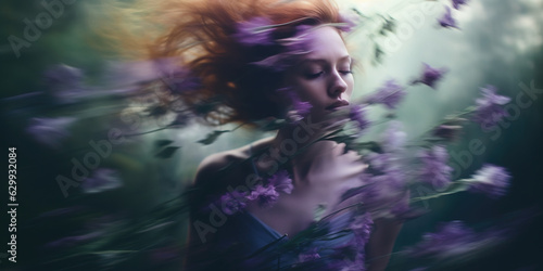 dreamy portrait of a red hair woman with closed eyes in a veil and light purple flowers