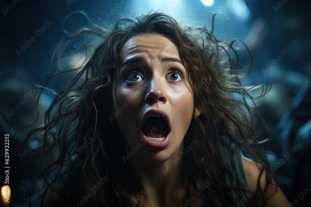 Person's terrified expression captured in a close-up shot, reacting to a sudden and unexpected jump scare. Generative AI