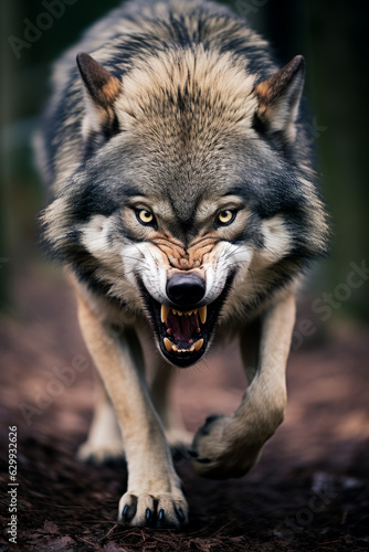 A large wolf snarling at the camera