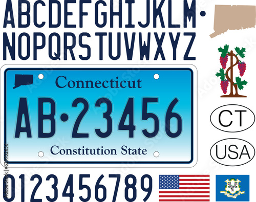 Connecticut car license plate, USA, letters, numbers and symbols, vector illustration, USA