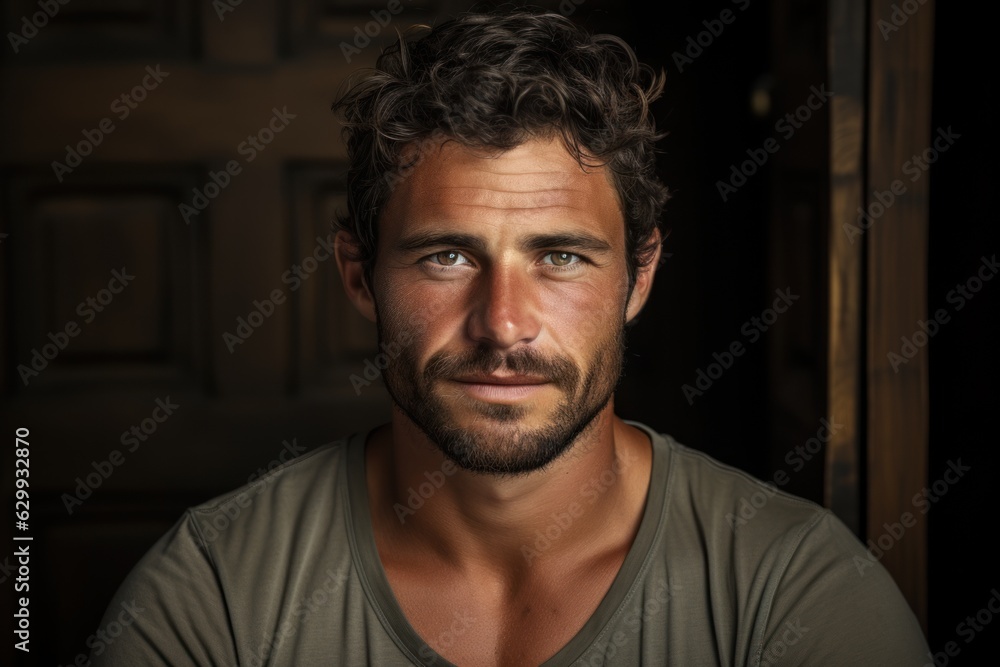 Masculinity and Grooming: A portrait of a man with a sultry, good-looking, sharp-tongued appearance.