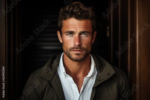 Masculinity and Grooming: A portrait of a man with a sultry, good-looking, sharp-tongued appearance.