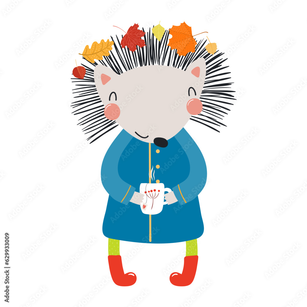Cute hedgehog in coat, boots, holding mug cup character illustration. Hand drawn animal, Scandinavian style flat design, isolated vector. Kids autumn, fall print, element, seasonal activity Cute hedgehog in coat, boots, holding mug cup character illustration. Hand drawn animal, Scandinavian style flat design, isolated vector. Kids autumn, fall print, element, seasonal activity