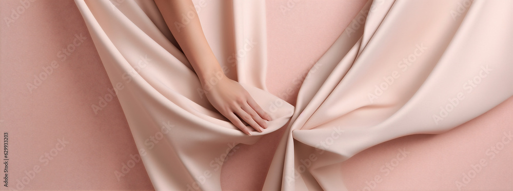 wind woman flower background flowing dress beige fabric clothing beauty flying fashion. Generative AI. wind woman flower background flowing dress beige fabric clothing beauty flying fashion. Generative AI.