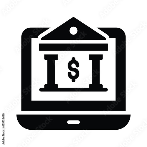 Bank building with laptop depicting bank website or online banking concept icon