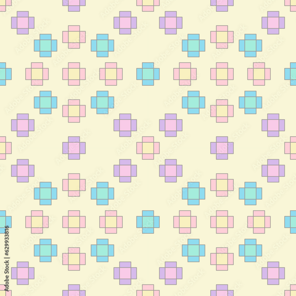 Seamless pattern of a Pixelate Flower 8 Bit in pink, blue, and purple pastel color on yellow background, Vector for fabric, wrapping, wallpaper, textile