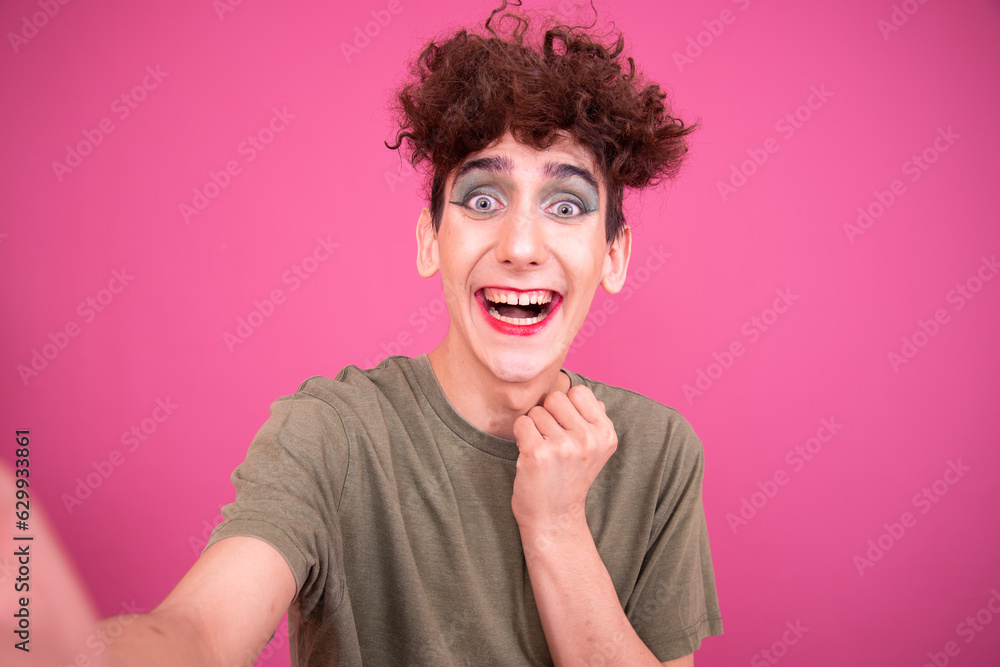 lgbt culture. Funny Drag Queen is going to a party. Pink background. lgbt culture. Funny Drag Queen is going to a party. Pink background.