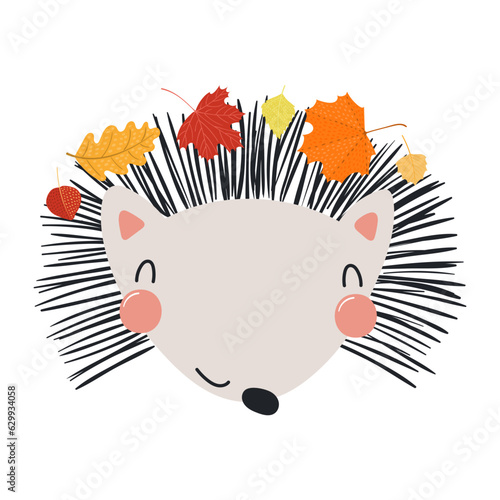 Cute hedgehog face with autumn leaves character illustration. Hand drawn animal, Scandinavian style flat design, isolated vector. Kids autumn, fall print, element, seasonal activity