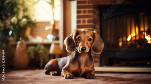 Brown Dachshund dog relaxing next to a stone rock fireplace in cottage living room, cozy ambience with flickering orange flames wood fire background - generative AI