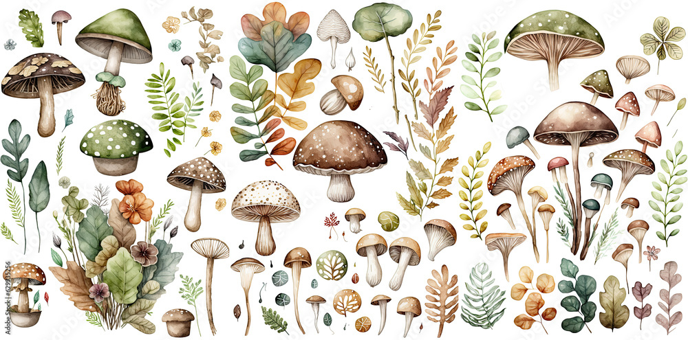Set of Mushroom watercolor collection of hand drawn, Mushroom brown color, Mushroom elegant watercolor , Mushroom isolated transparent background, PNG. - obrazy, fototapety, plakaty 