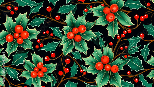 Background with holly and berries for Christmas advertising, in vibrant colors. AI generated