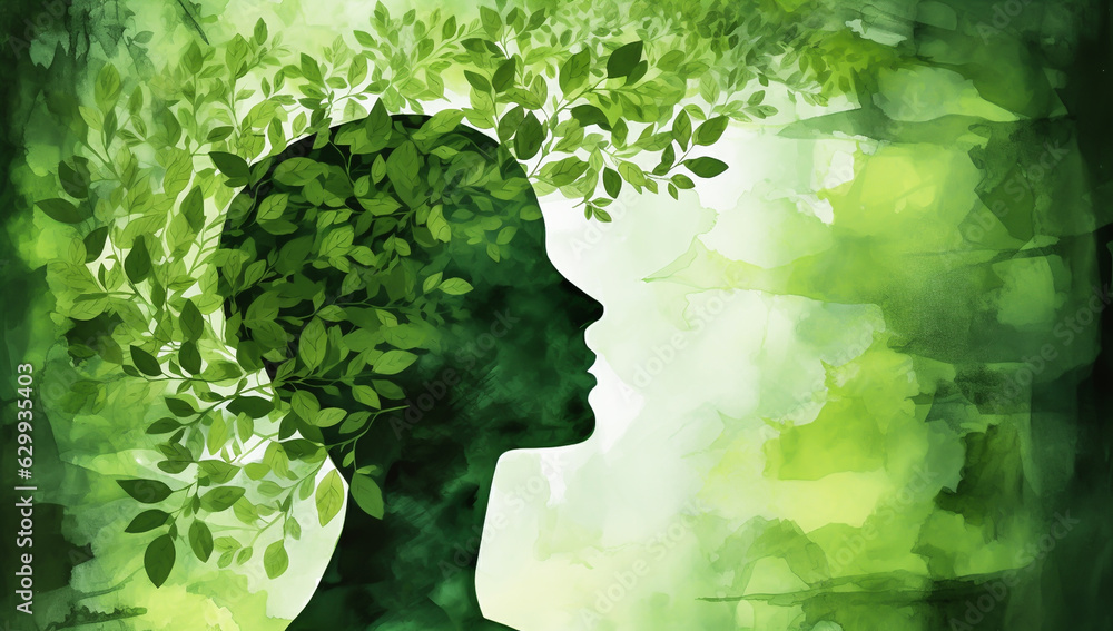 Green silhouette with hair formed by branches and leaves in ecology concept. AI generated