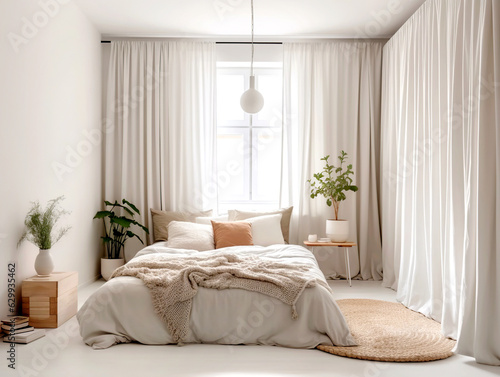 Scandinavian style interior design of modern bedroom.