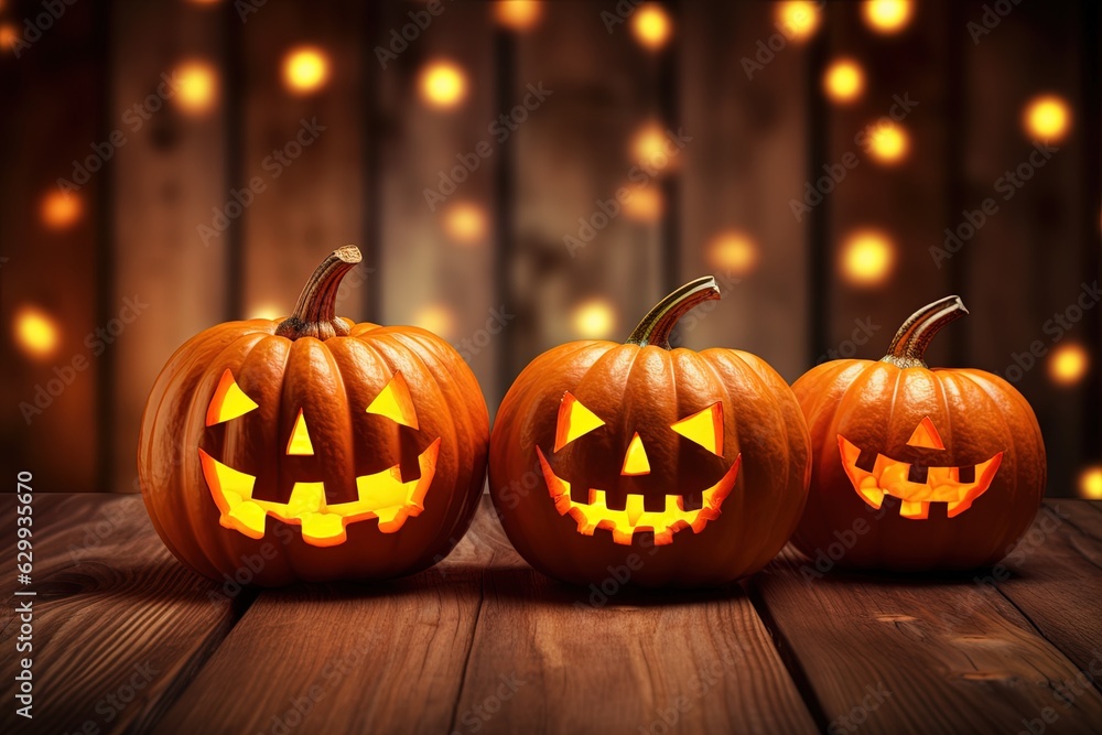 Fototapeta premium Halloween pumpkins on wooden table with bokeh lights background.Generative Ai