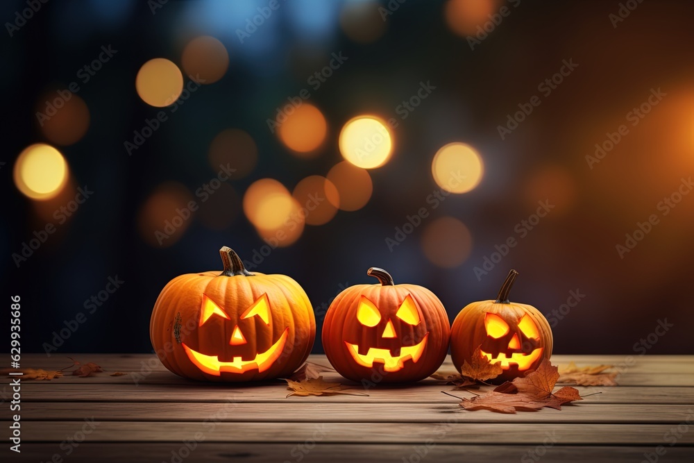 Fototapeta premium Halloween pumpkins on wooden table with bokeh lights background.Generative Ai