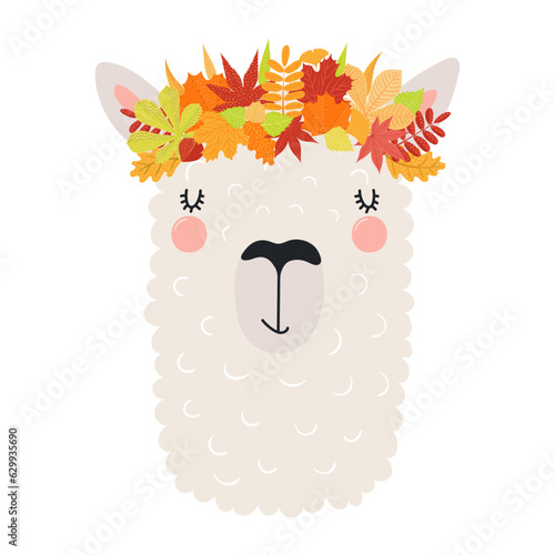 Cute llama in autumn leaves crown character illustration. Hand drawn animal, Scandinavian style flat design, isolated vector. Kids autumn, fall print, element, seasonal activity