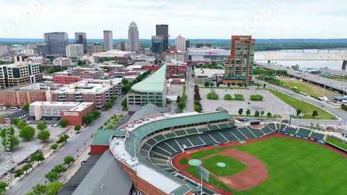 Louisville Slugger Field aerial dolly shot leading toward KFC Center in Louisville