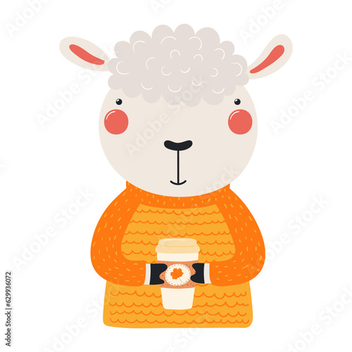 Cute sheep in sweater holding paper coffee cup character illustration. Hand drawn animal, Scandinavian style flat design, isolated vector. Kids autumn, fall print, element, seasonal activity