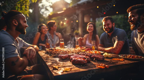 A group of friends Party with Steak food at summer grilling meat in the afternoon of weekend happy party. © arhendrix