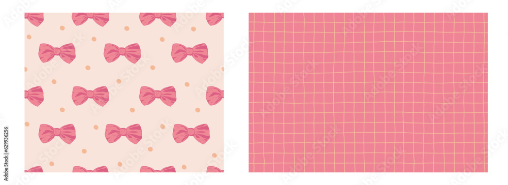 Pink aesthetic seamless pattern collection. Hand drawn bows and checkered texture. Vector illustration design for textile, fabric, packaging, wallpaper, background.
