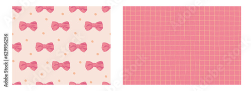 Pink aesthetic seamless pattern collection. Hand drawn bows and checkered texture. Vector illustration design for textile, fabric, packaging, wallpaper, background.