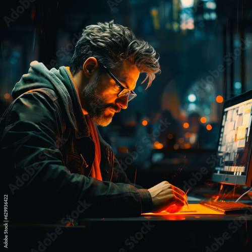 Mature bearded man wearing eyeglasses and jacket sits at desk. Computer is in front of a man and red light illuminating male face. Generative AI.