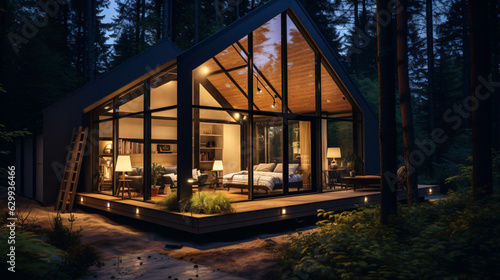 Contemporary Luxurious Villa Exterior in Minimalist Design. Glass-Encased Cottage Nestled in Woods during Nighttime. Modern Cabin-Style House Tucked in Deep Forest. © Nico Vincentini