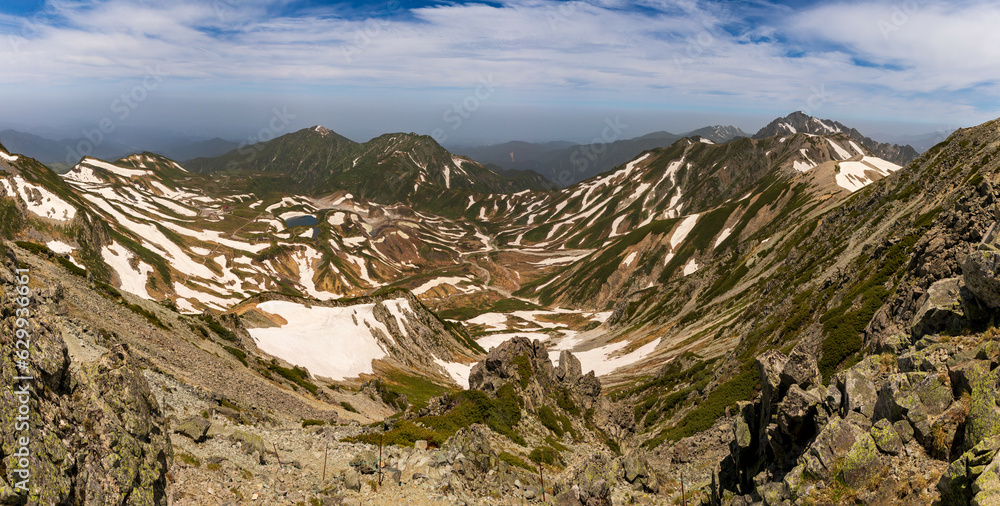 Obraz premium 雪残る夏の立山登山 雄山山頂から室堂と大日岳を臨むパノラマ写真